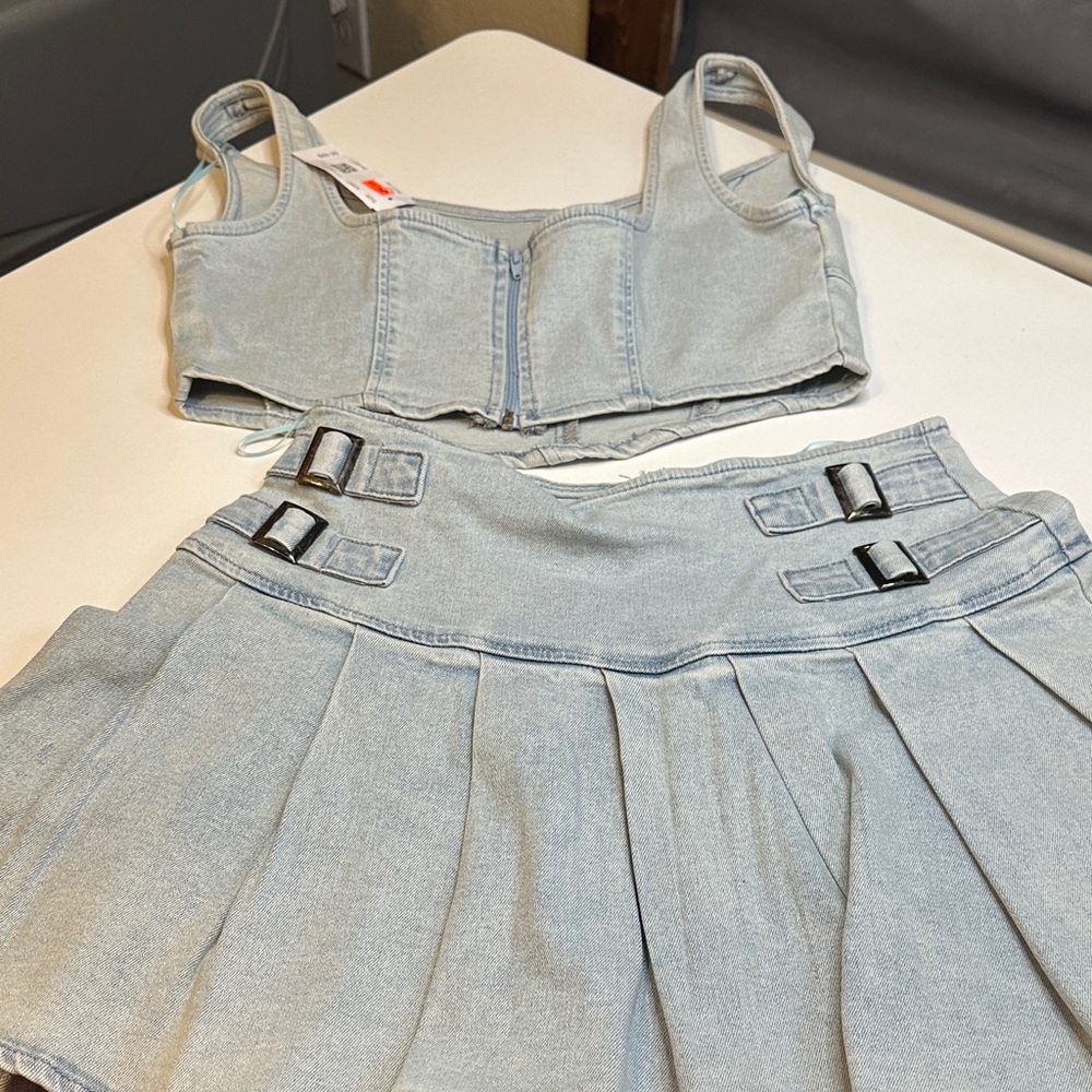 Light Blue Denim Crop Top and Skirt Set